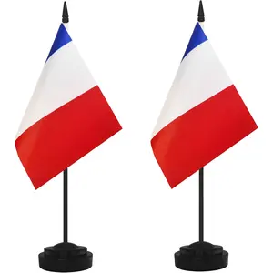 2 Pack France Desk Flag Set French Desktop Small Miniature Office Table Flag with 12" Black Pole and Black Base for Offices Classroom Home Festival Decoration