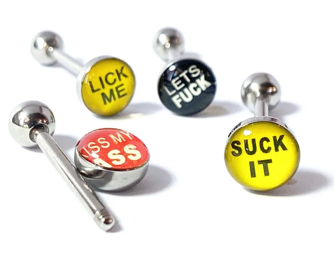 4pc Bulk Pack Epoxy Dome Bad Word Tongue Rings 14g Tounge Body Jewelry