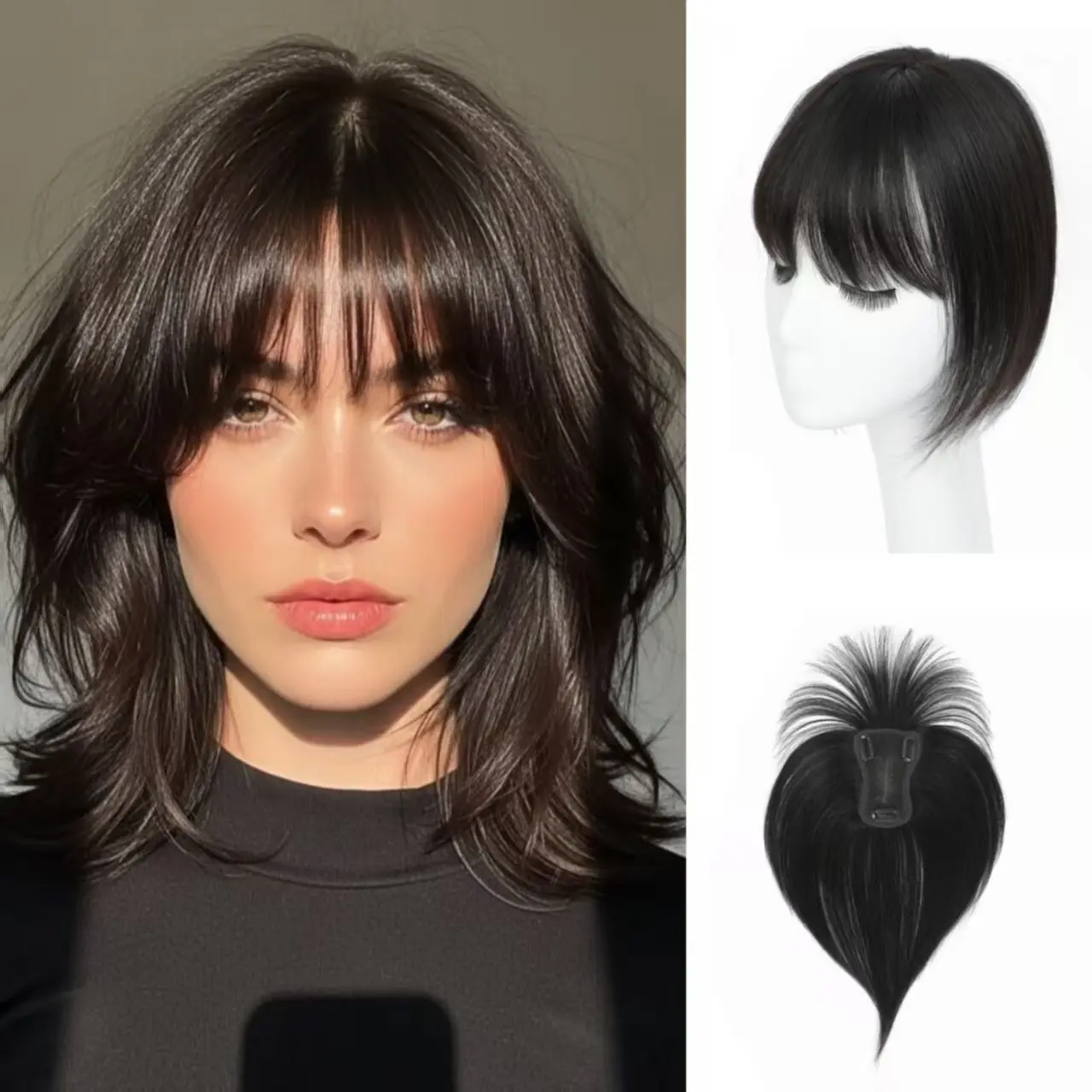 10 Inch Clip-in Human Hair Topper with bangs, 3×4.5 Inch Handmade Swiss Lace Base for Ladies 10 Inch Clip-in Human Hair Topper with bangs, 3×4.5 Inch Handmade Swiss Lace Base for Ladies
