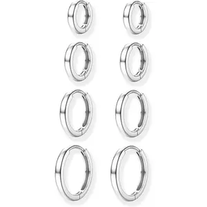 Simple 4 Pairs Silvery Golden Round Hoop Earrings Set for Women Men Classic Diverse Sizes Ear Hoops Copper 925 Sterling Silver Post Small Huggie Chunky Earrings for Multiple Piercing Cartilage Hoop Earrings Stack Jewelry Set, Men's Accessories, Unisex, Ch