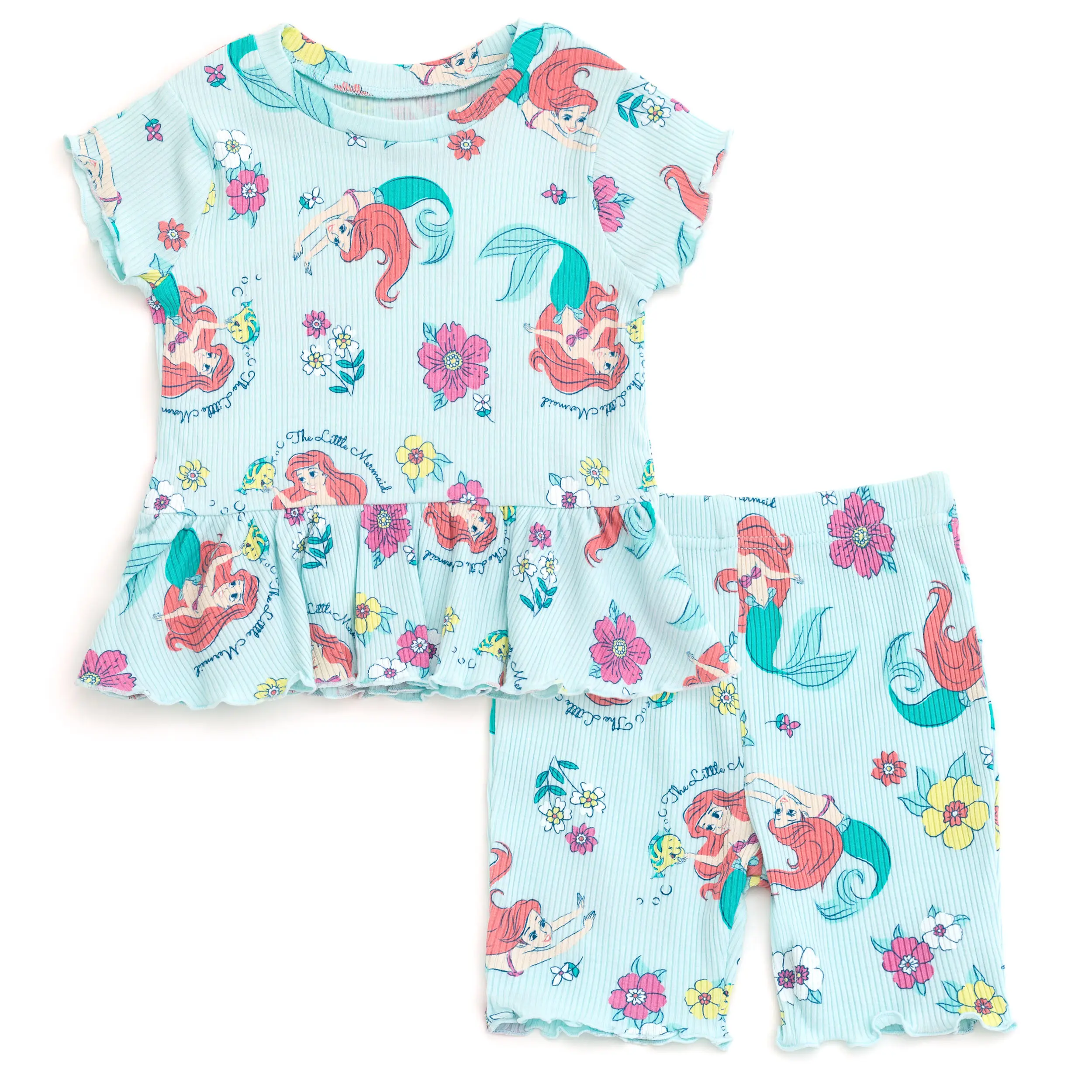 Disney The Little Mermaid Princess Ariel Baby Girls' 2-Piece Ribbed Short Sleeve Printed Tee and Shorts Outfit Light Blue Newborn to Infant, Two Piece Set, Matching Sets