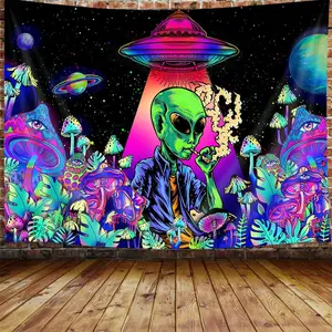 Cool Alien Tapestry, Trippy Mushroom UFO Space Tapestries for Men Boys, Funny Alien Smoking Marijuana Leaf Weed stoner tapestry, Psychedelic Neon Galaxy Space Tapestry Wall Hanging Posters,