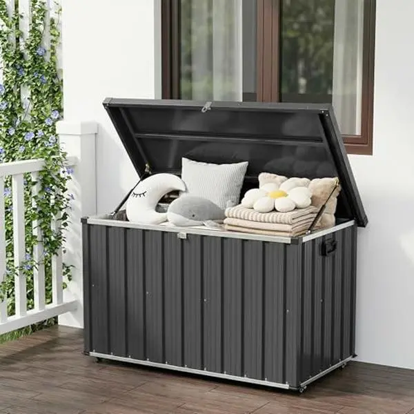 200 Gallon Outdoor Metal Storage Box, Waterproof Steel Deck Box with Lockable Soft-Close Lid, Dual Gas Struts, Wheels, Handles, Large Patio Cushion Tool Pool Storage, Brown,53.15"L x 27.76"W x 33.07"H.