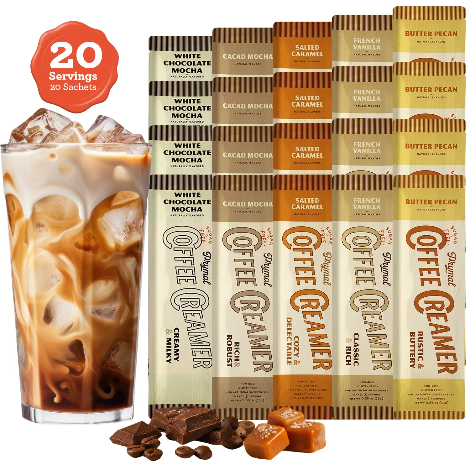 Prymal Sugar-Free Coconut Powder Coffee Creamer Variety Pack - Founder's Choice, 20 Single-Serve Sachets, 5 Flavors (French Vanilla, Salted Caramel, Butter Pecan, Cacao Mocha, White Chocolate Mocha) Beverage