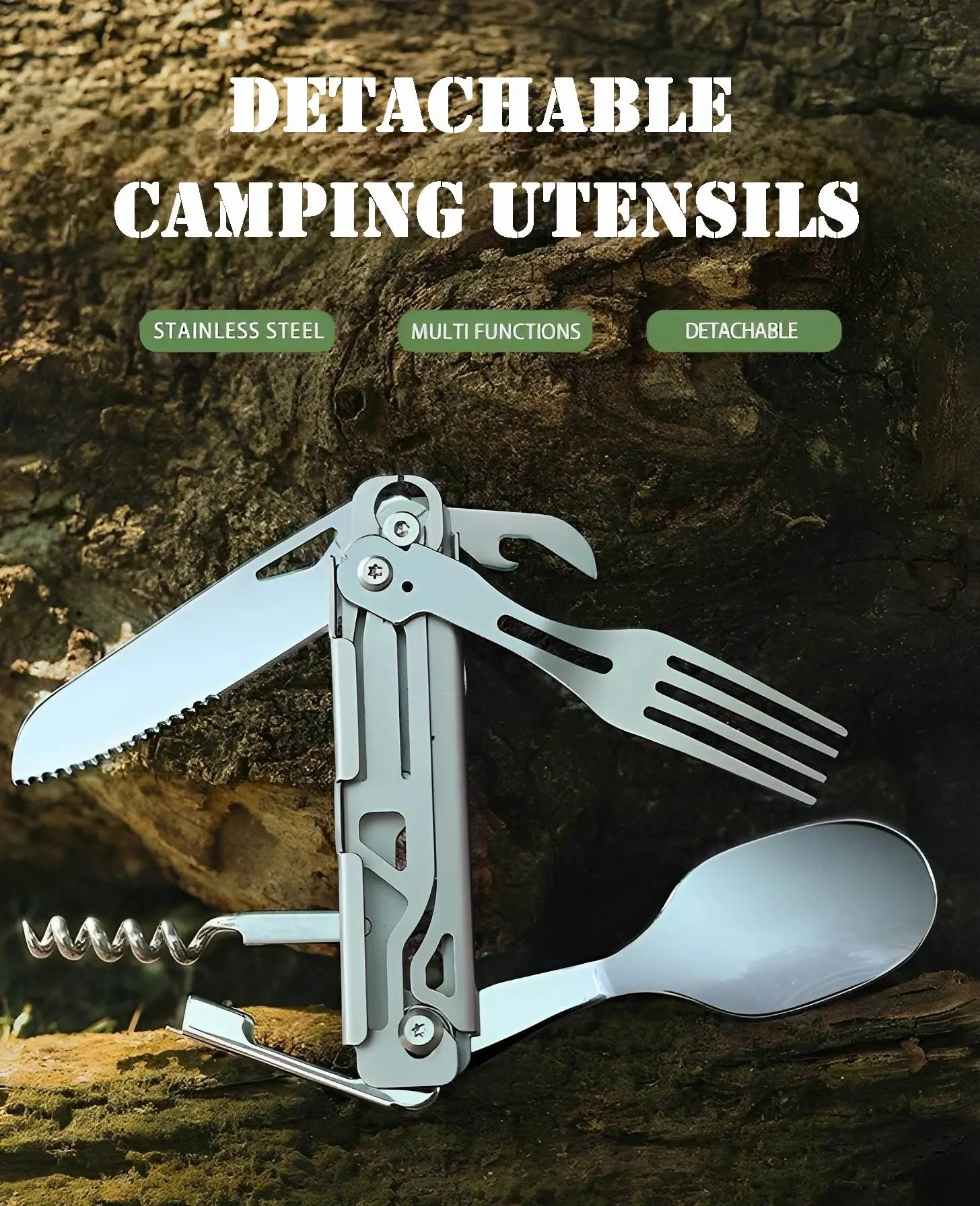 6-in-1 Detachable Camping Utensils Set - Stainless Steel Nesting Flatware, Durable Cutlery for Camping Kitchen Supplies, Folding Spoon Fork Knife, Wine Bottle Can Opener, Portable Outdoor Travel Pocket Combo Gift