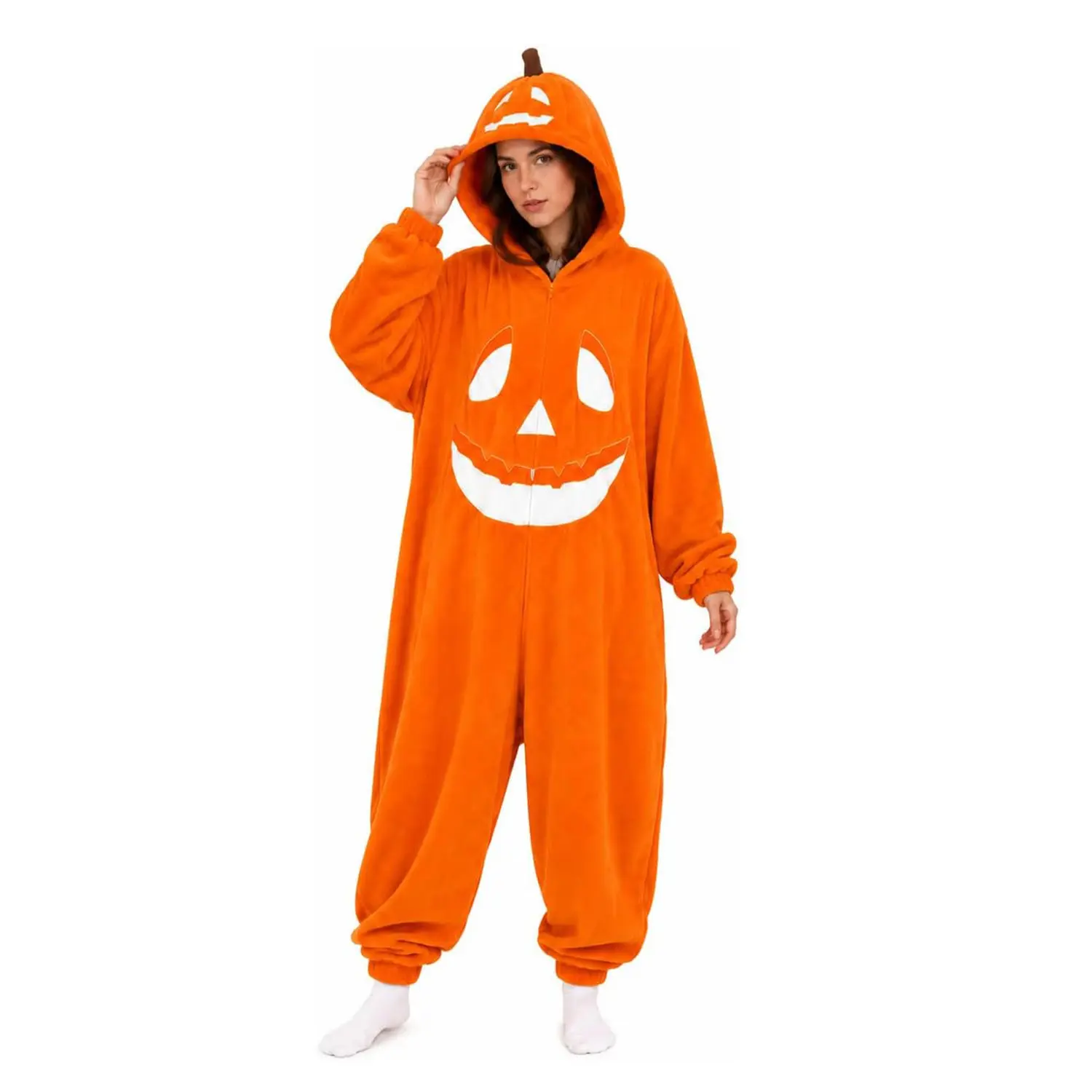 Pumpkin Onesie For Women Adult Halloween Costumes Long Sleeve Hooded Pajamas Plush Long Sleeve Flannel Loungewear