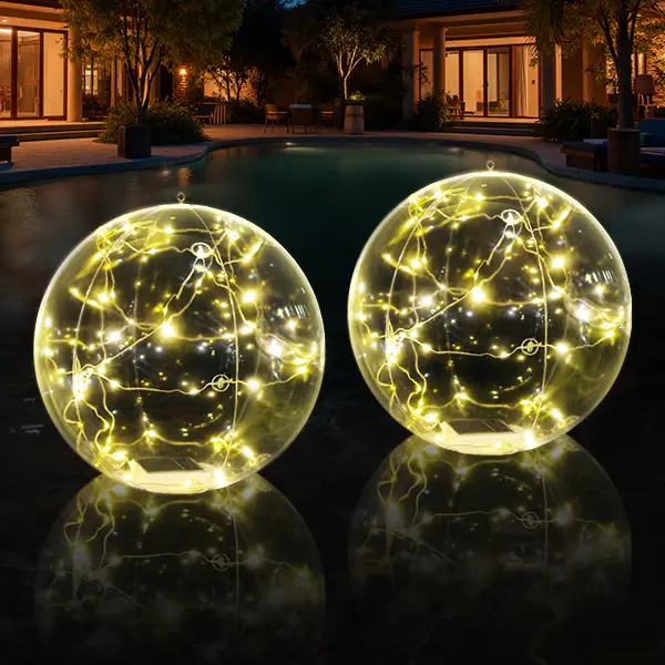 2pc 15in Solar Powered Floating Pool Ball Lights - Warm White, Auto Glow, Easy to Inflate, Solar Power, Garden, Hanging Ring, Holiday Party, Party Decor for Family Gathering (Float or Hang)