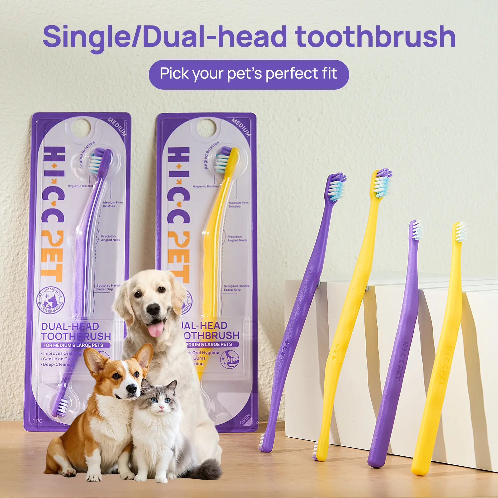 HICC PET Dog Toothbrush, 4°&8° Dual-Angle Ergonomic Toothbrush for Dogs and Cats, Triple Bristle, Deep and Gentle Teeth Cleaning, Gum and Dental Care