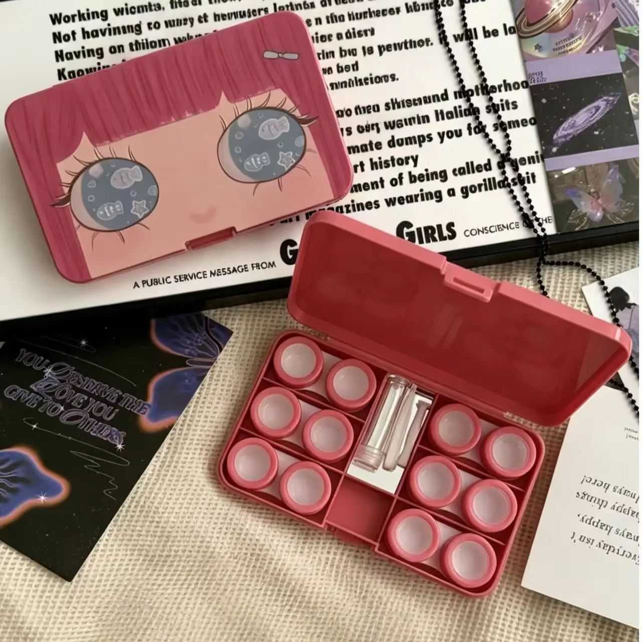 Cute Contact Lens Case for Women and Students, Multi Compartment Lens Storage Box Holds 6 Pairs, Portable Travel Contact Lens Organizer, Back to School Dorm Essentials, Daily Beauty Accessories