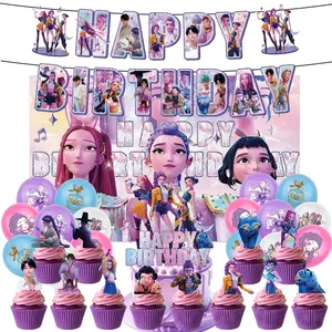 K-Pop Devil hunter birthday balloon banner set - includes cake decorations, hanging banners, and a birthday party decoration.