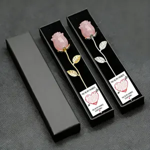 Natural Rose Quartz Rose Flower, Hand Carved Crystal Decoration, Perfect for Valentine's Day, Weddings, Anniversaries, Includes Gift Box & Card