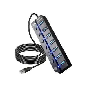 1 Premium 3.0 HUB USB Extension with 7 Ports, 4 USB Ports with Independent Switch and LED Light, Portable Laptop Compatible with MacBook and More