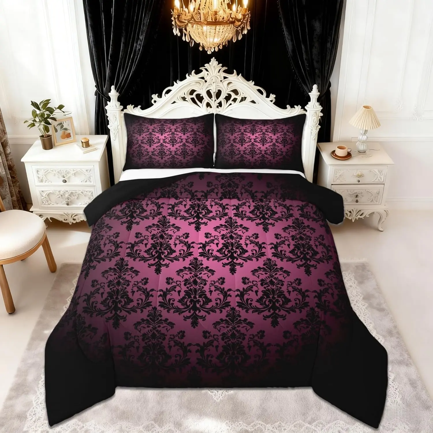 Pink Black Damask Comforter Set,Vintage Gothic Lace Floral Print Reversible Bedding Sets Bedroom Decor,Antique Victorian Baroque Boho Quilted Duvet