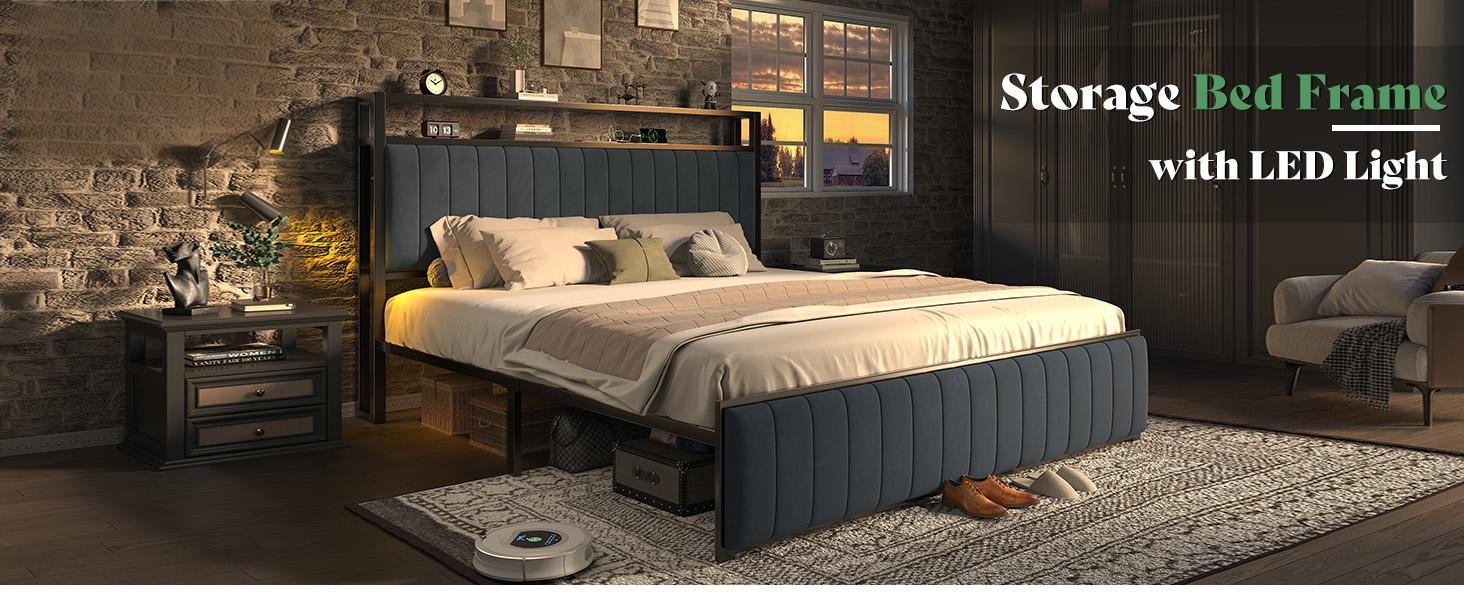 [Black Bed WITHOUT Foldable Ottoman] AMERLIFE TWO Different Bed Frames, Metal Bed with Foldable Ottoman, Velvet Upholstered Headboard/Metal Bed with PU Leather Headboard/ Both Including LED Lights, Charging Station,Storage Shelves