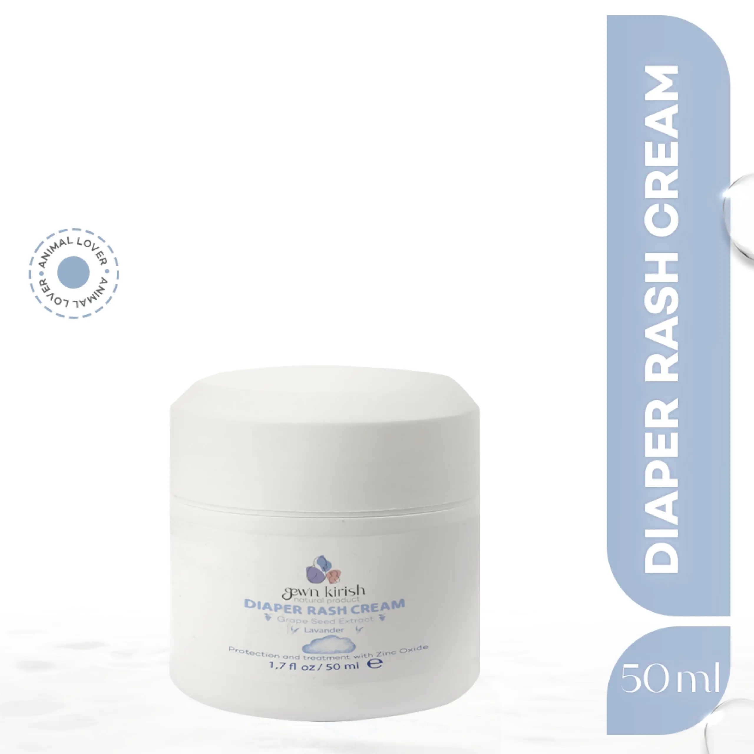 Gew'n Kirish Diaper Rash Cream with Lavender & Grape Seed Extract Zinc Oxide Protection 100% Natural Hypoallergenic Soothes Heals Sensitive Baby Skin 1.7oz 50ml