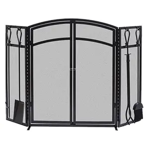 Panacea 15138 Arch Fireplace Screen With Doors & Tools- Black