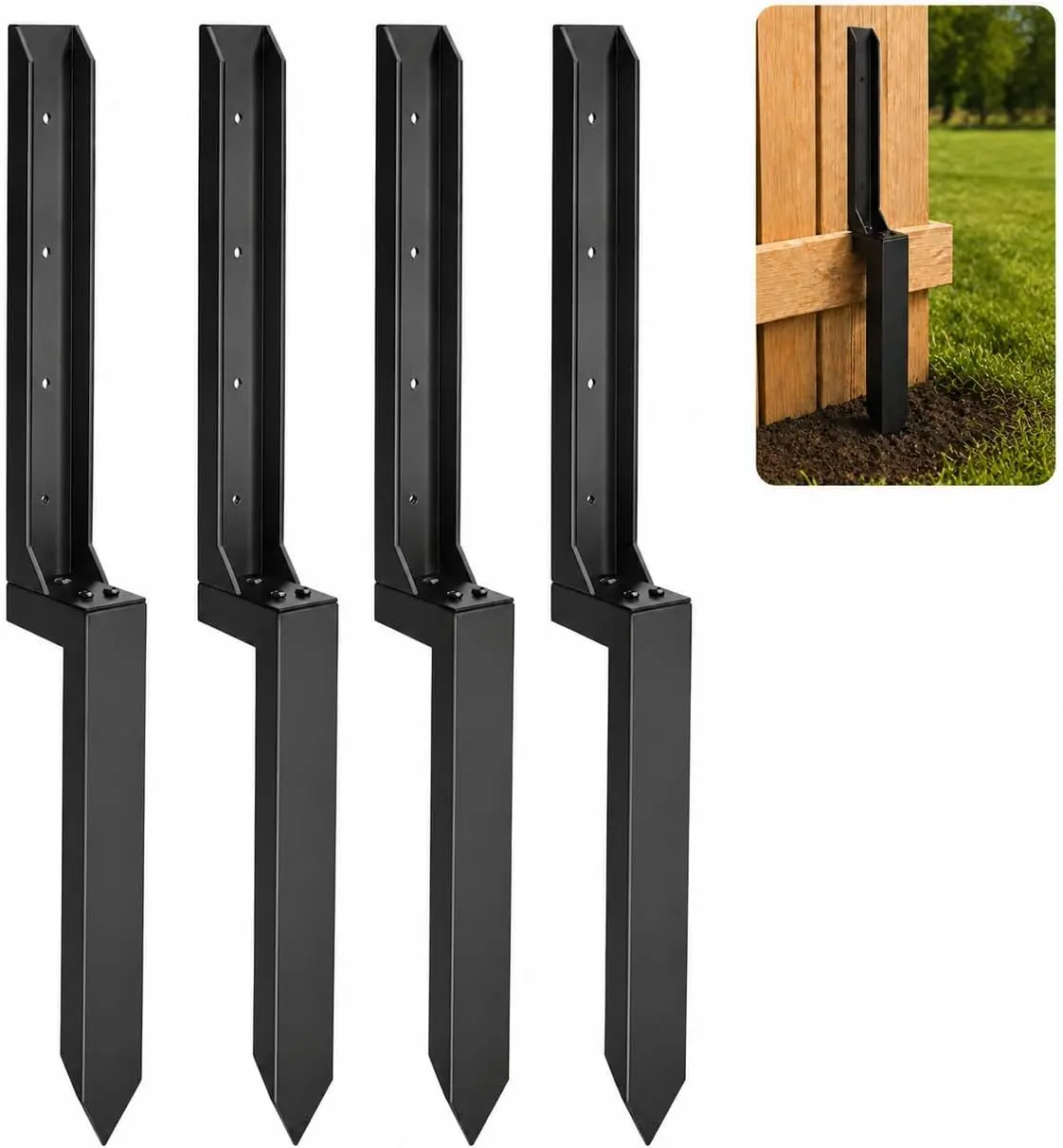 4 Pack Fence Post Repair Kit, Heavy Duty Fence Post Anchor Ground Spike for Fixing Broken/Leaning Wood Posts, No Dig Drive-in Support with Gloves, Black