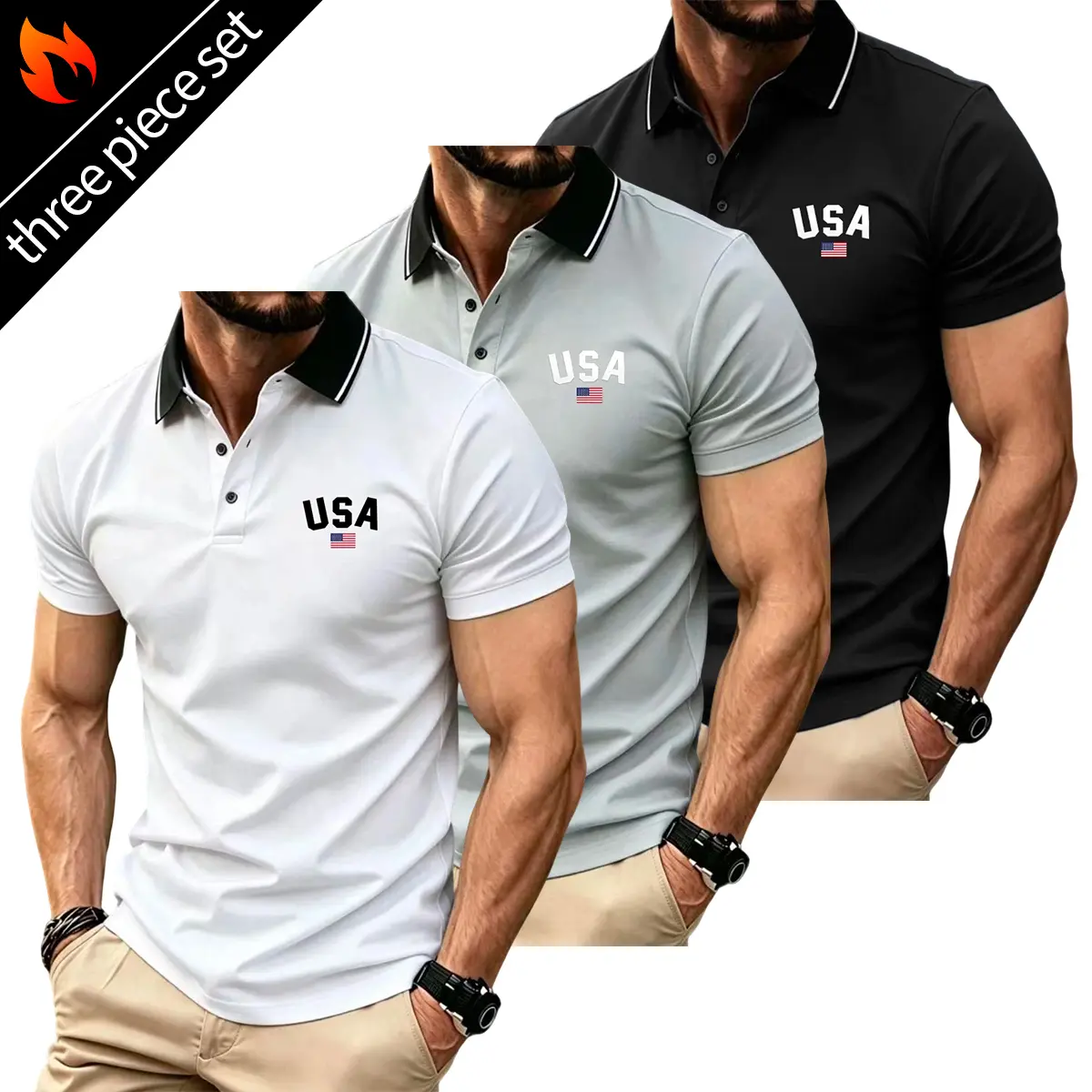 Men’s 3-pack solid-color polo shirts with turn-down collar, breathable quick-dry design for golf and casual wear; lightweight, stretchy fabric suitable for summer office wear; American flag print; comfortable fit, short sleeves.