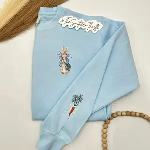 Embroidered Bunny and Carrot Sweatshirt – Cozy Easter Pastel Sweater – Spring Peter Rabbit Inspired Crewneck – Cute Cottagecore Bunny Sweatshirt – Soft Vintage-Inspired Embroidery