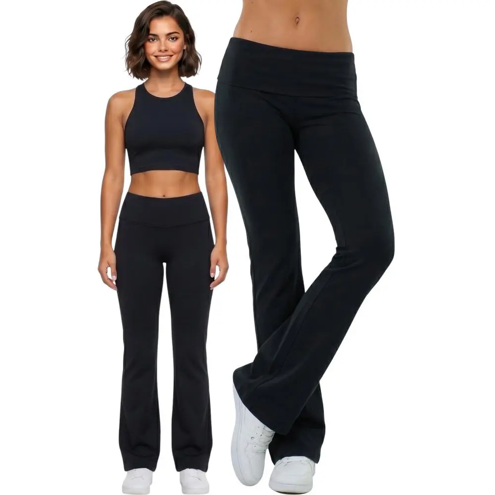 ToBeInStyle Women's Cotton Foldover Waistband Flare Leg Yoga Pants