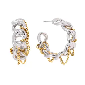 Two Tone Chain Hoop Earrings - Pair - Stainless Steel