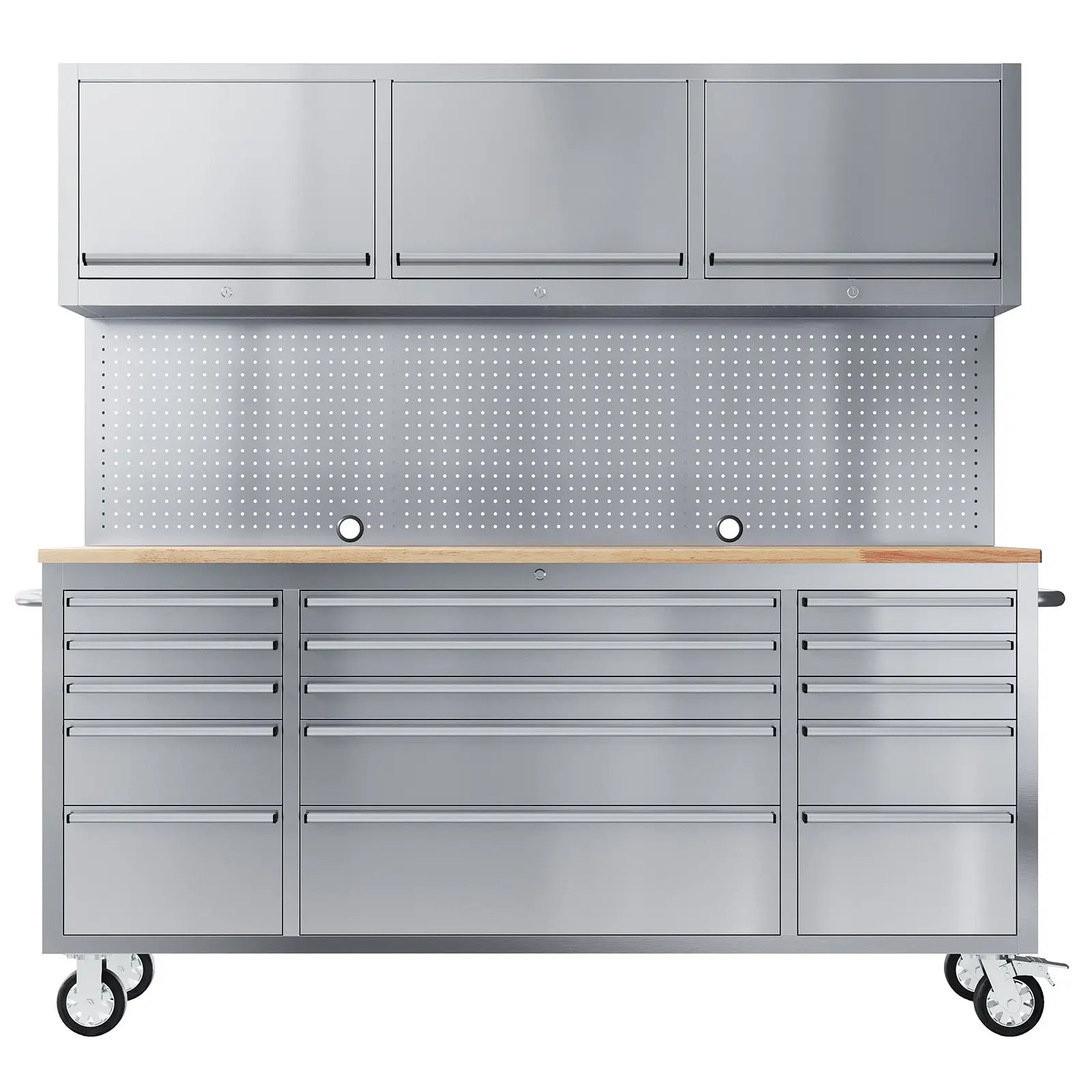 Storage Cabinet Mobile Garage Workbench 72In Steel Tool Chest 15-Drawer Rubber Wood Surface Lockable Rolling Cabinet Anti-Fingerprint End Workshop Storage on Wheels