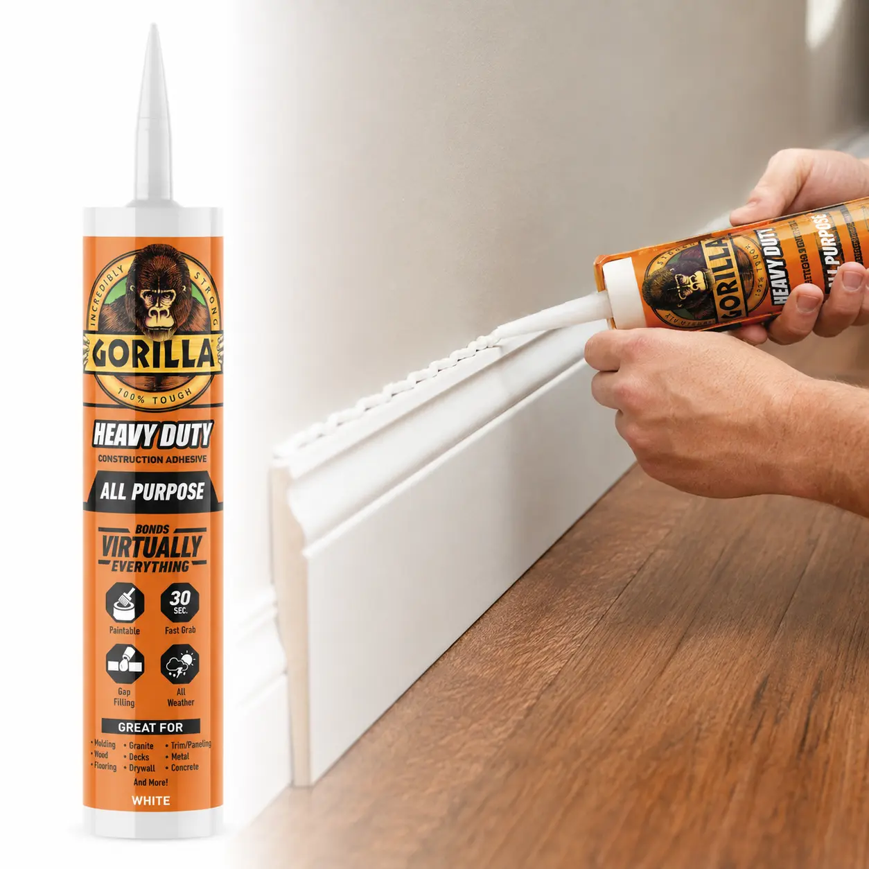Gorilla 9 oz. Heavy Duty Construction Adhesive, All Surface All Purpose Adhesive, 100% Waterproof Formula, Fast Grab in 30 Seconds, Bonds Subfloor Mirror Trim Drywall, Paintable Gap Filling Low Odor, Indoor Outdoor Use.