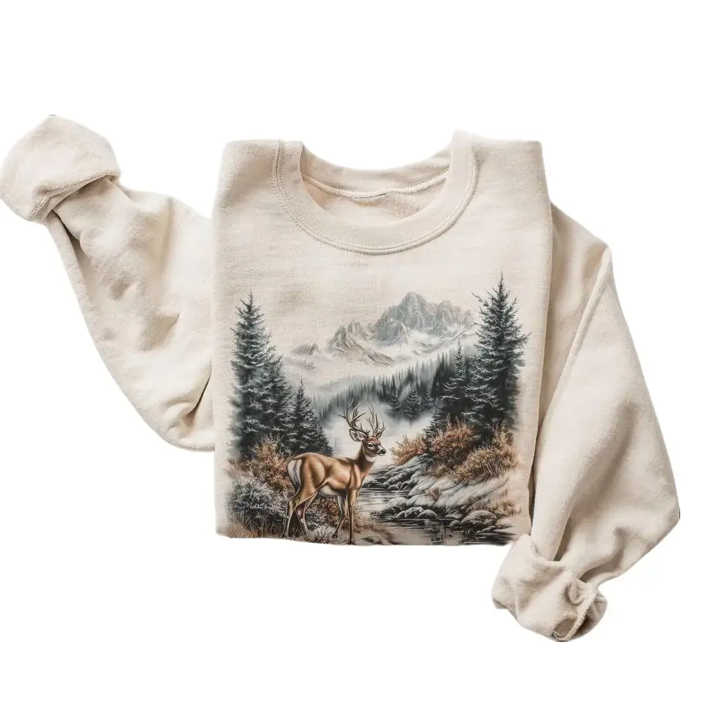 Women's Casual Pullover Sweatshirt, Retro 90s Whitetail Deer Graphic, Vintage Boho Cotton Top for Nature Lovers