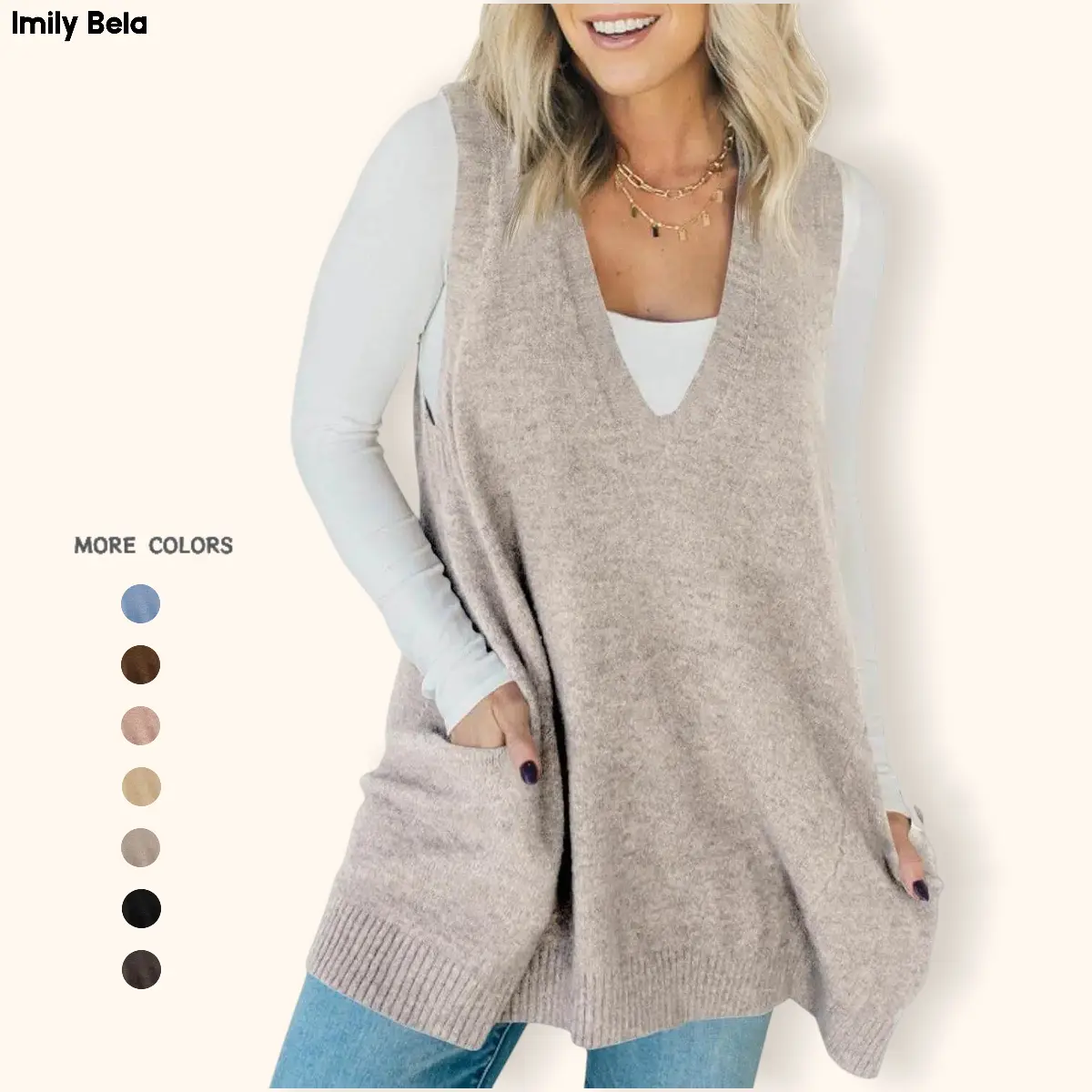 Imily Bela Womens Sleeveless Sweater Vest V Neck Casual Loose Knit A Line Flattering Tunic Top with Pockets Fashion Vest Sleeveless Sleeveless Minimalist Style