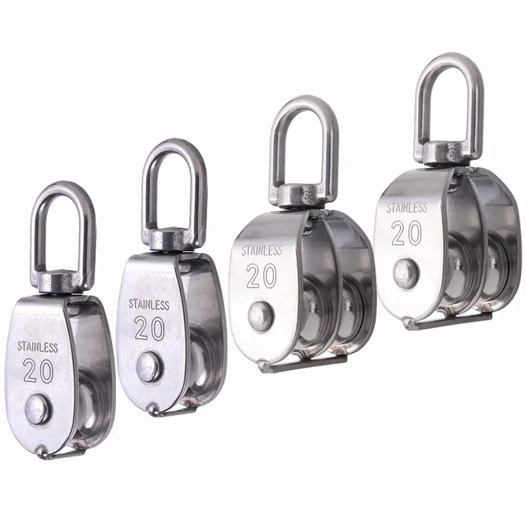 4 Pack M20 Pulley Block,  2 Pcs Double Pulley and 2 Pcs Single Pulley 304 Stainless Steel Wire Rope Lifting Swivel Hook