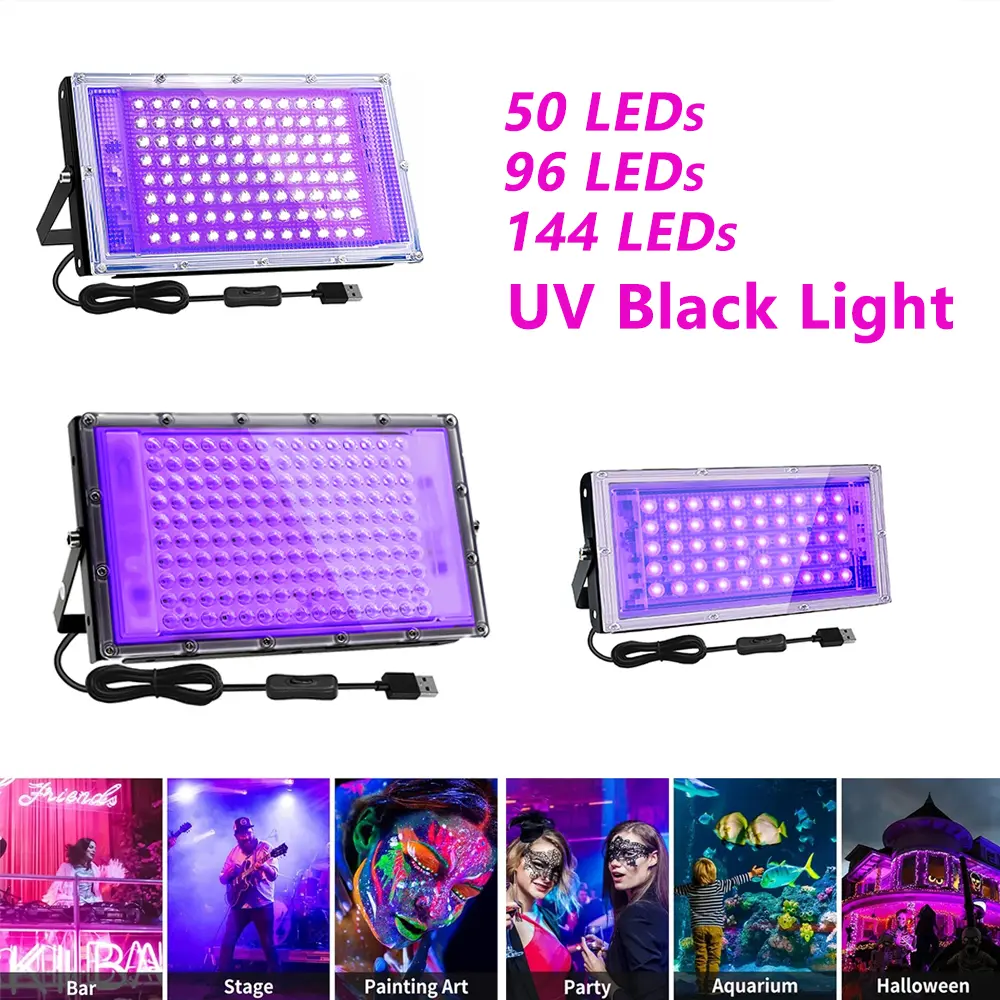 50/96/144 LEDs UV Black light, Flood Light with USB Port and Switch,for Glow Party, Halloween, Fluorescent Poster, Body Paint, Halloween Party, Glow Effect
