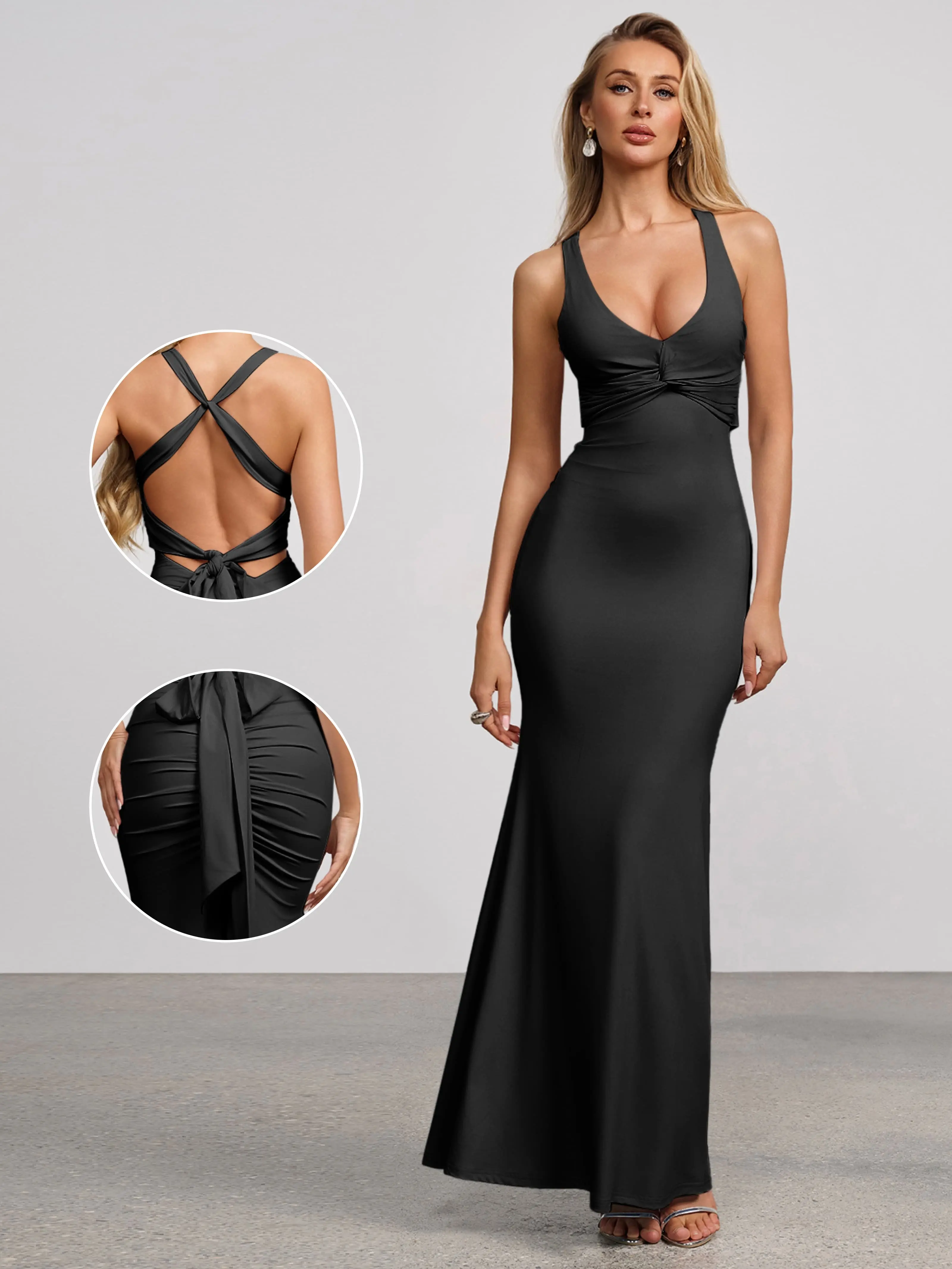 Azazie Zinnia V-Neck Twisted Mermaid Lace-up Back Bodycon Knit Maxi Dress, Women, Sleeveless