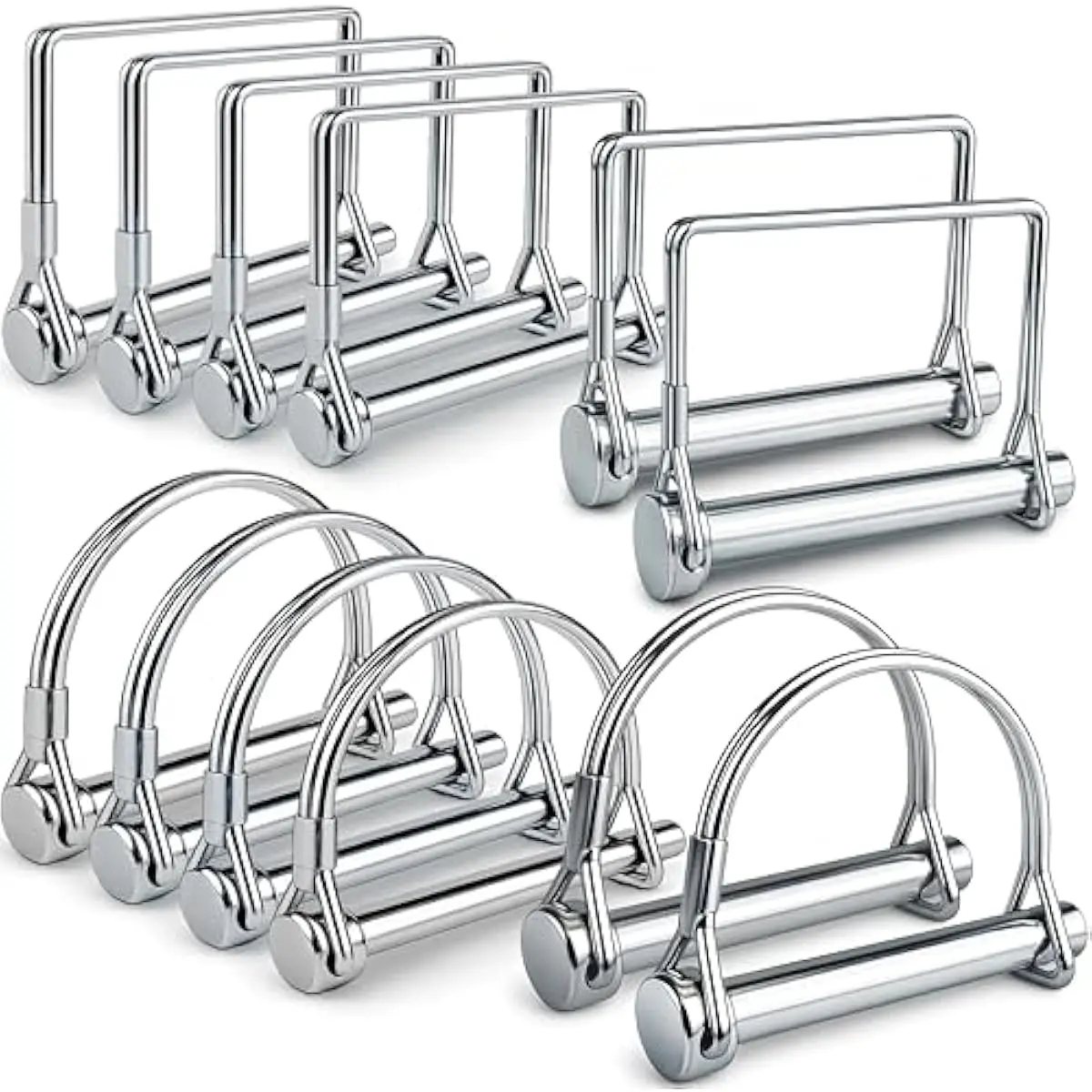 12-Pack Trailer Hitch Pin Assortment, 1/4" and 5/16" Diameter, Square and Arch Wire Lock Pins, Zinc-Plated Carbon Steel Safety Pins for PTO, Farm, Mower, and Boat Trailer Couplers, Silver