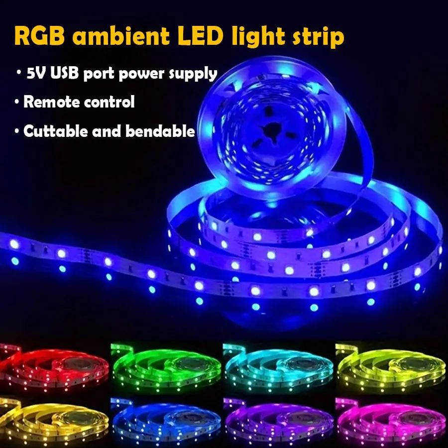 5v RGB LED Strip Light, Controlled by 24-Key IR Remote, Flexible and Cuttable, RGB Ambient Lights, Ideal for TV Background, Living Room, Bedroom, Party Decor
