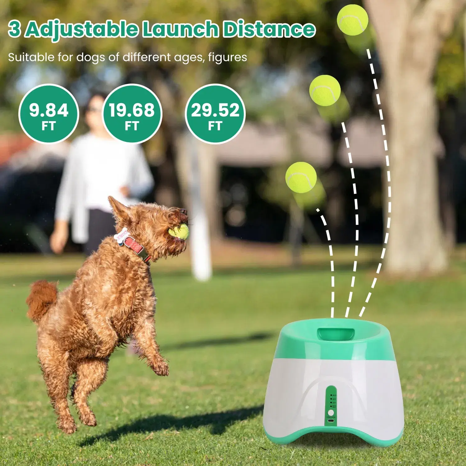 Automatic Dog Ball Launcher Fetch Machine - 6 Tennis Balls Included, 3 Adjustable Launch Distances, Interactive Toy for Small to Medium Dogs
