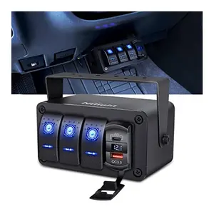 Nilight 3 Gang Rocker Switch Panel Blue Backlit with PD Type C and USB Charger Voltmeter Waterproof 12V 24V DC Rocker Switch with Night Glow Stickers for Car Trucks Boats RVs,2 Years Warranty,Blue/Box