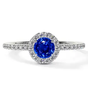 Classic Round Blue Sapphire Halo Ring with Prong Set Diamonds (0.93cttw)- RBS001-5X5-AAAA