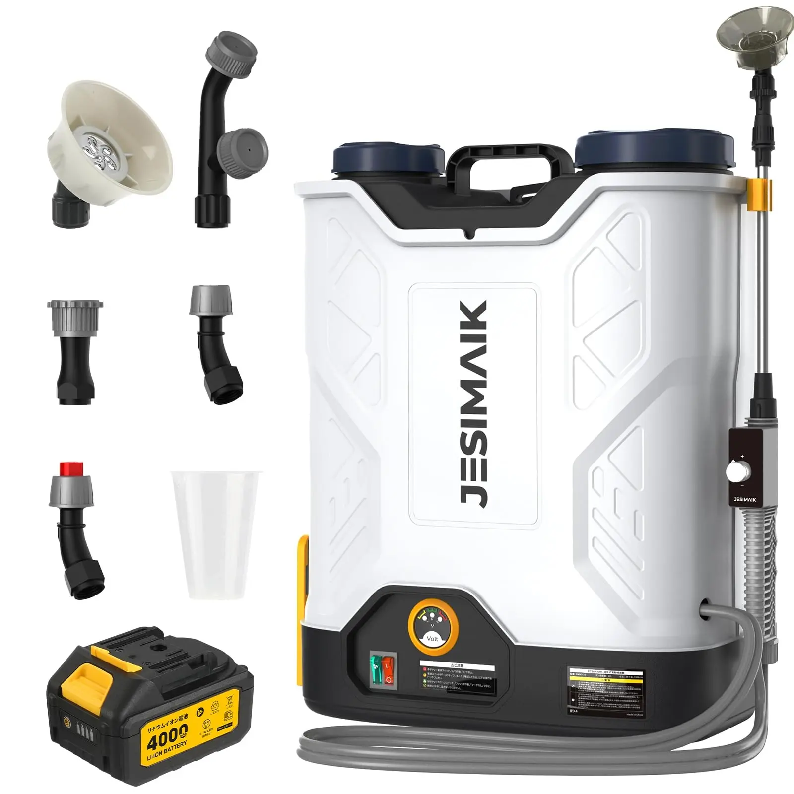 JESIMAIK Battery-Powered Backpack Sprayer, 4.8 Gal 4.0Ah Electric Sprayer with Harness System, Telescopic Wand, Interchangeable Nozzles (5 Pcs), 120 PSI Handle-Mounted Adjustable Pressure for Weed Lawn Spot Treatment