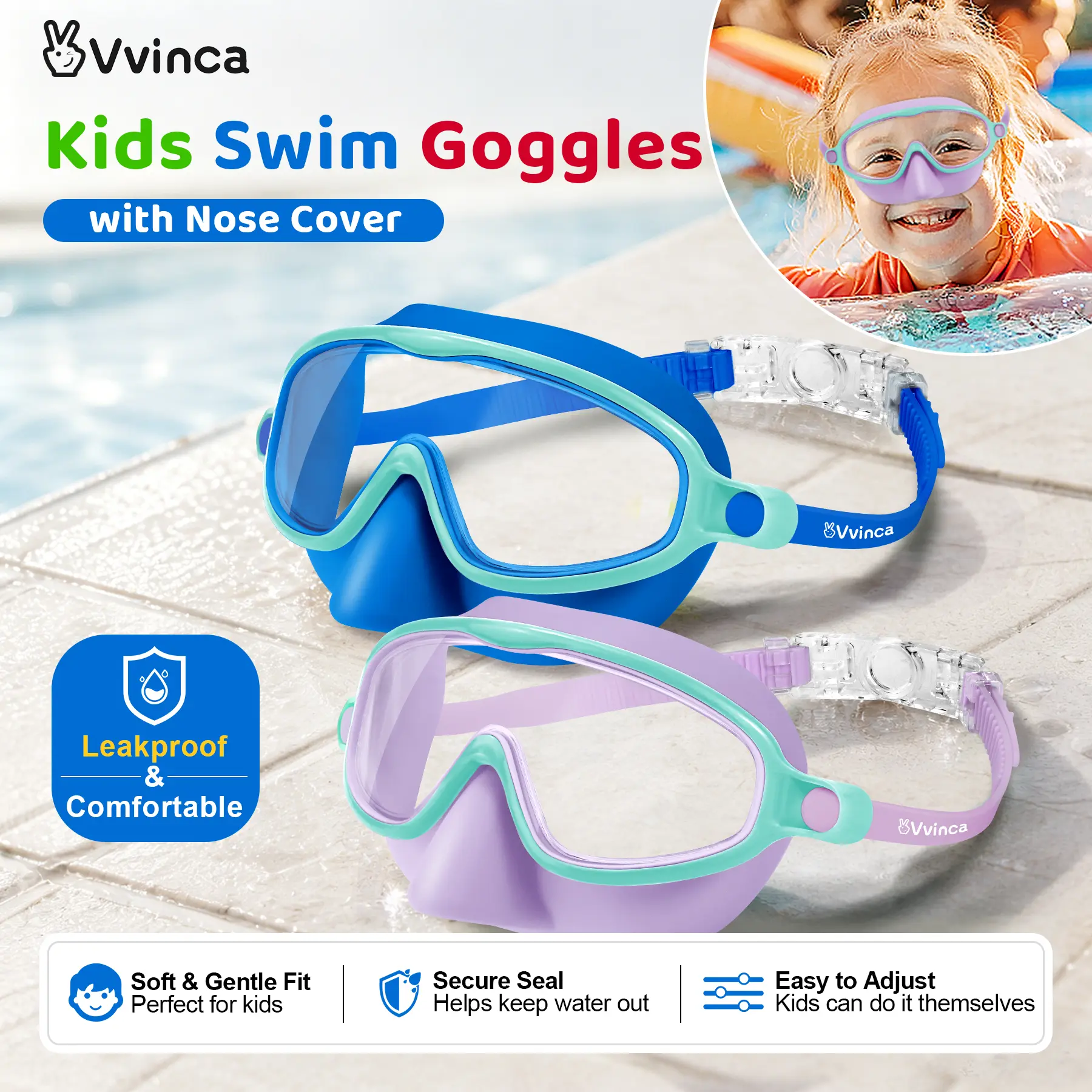 Vvinca Adjustable Swim Goggles 2 Pcs with Nose Cover for 3-6/6-12+ Kids, UV Sun Protection, Anti-Fog, Wide View, Anti-Shattered Lens for Boys & Girls - Outdoor, Beach Use (Check Size Chart, Not Solely Age-Based), Adjustable Swim Swimming Goggles