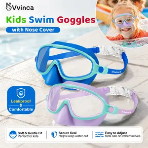 [Summervibes]Vvinca Swim Goggles 2 Pcs with Nose Cover for Ages 3-12+ Kids,Youth,UV Protection Anti-Fog Wide View Anti-Shattered Lens for Boys and Girls - Safety anti-uv swim glass anti-fog swimming goggles for Lake,Beach, Summer Party outdoorfun