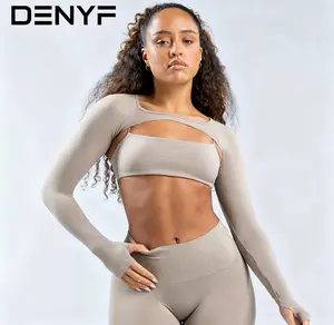 DENYF Seamless Cutout Long Sleeve Crop Top & High Waist Leggings Set in Taupe - 4-Way Stretch, Moisture-Wicking, Thumb Holes, Built-In Bra, Squat-Proof, Yoga & Gym Wear