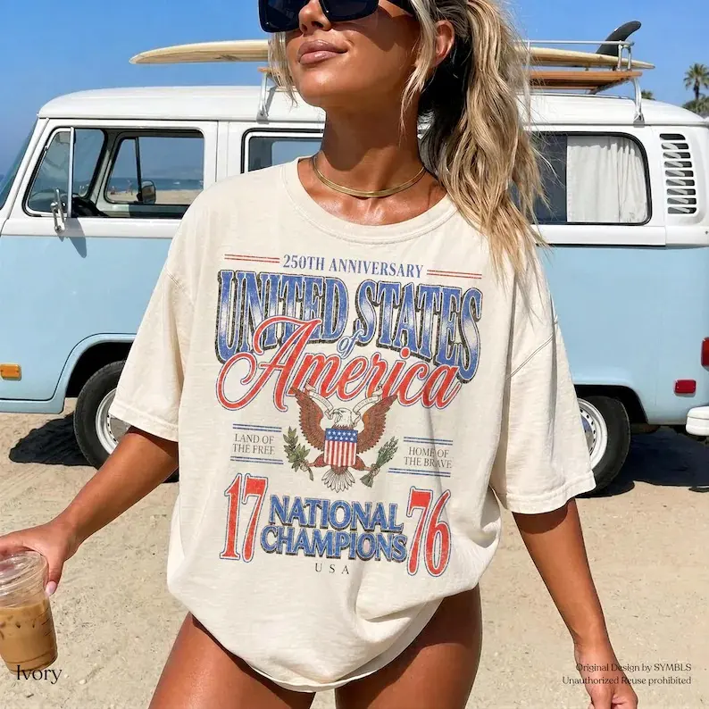 July 4th 1776 National Champions Funny T-Shirt, America 250th Anniversary Oversized Tee, Distressed Americana