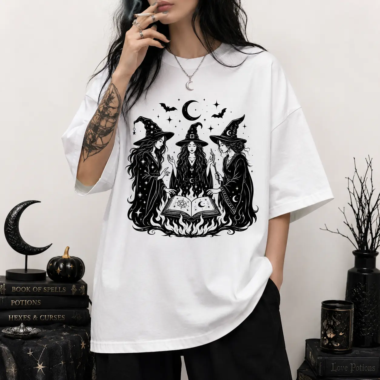[100% Cotton] Witch Coven T-Shirt for Women Men, Gothic Witches Graphic Tee, Vintage Halloween Tshirt, Spooky Celestial Shirt, Witchy Oversized Tee, Occult Aesthetic Party Outfit, Halloween Gift For Her Him
