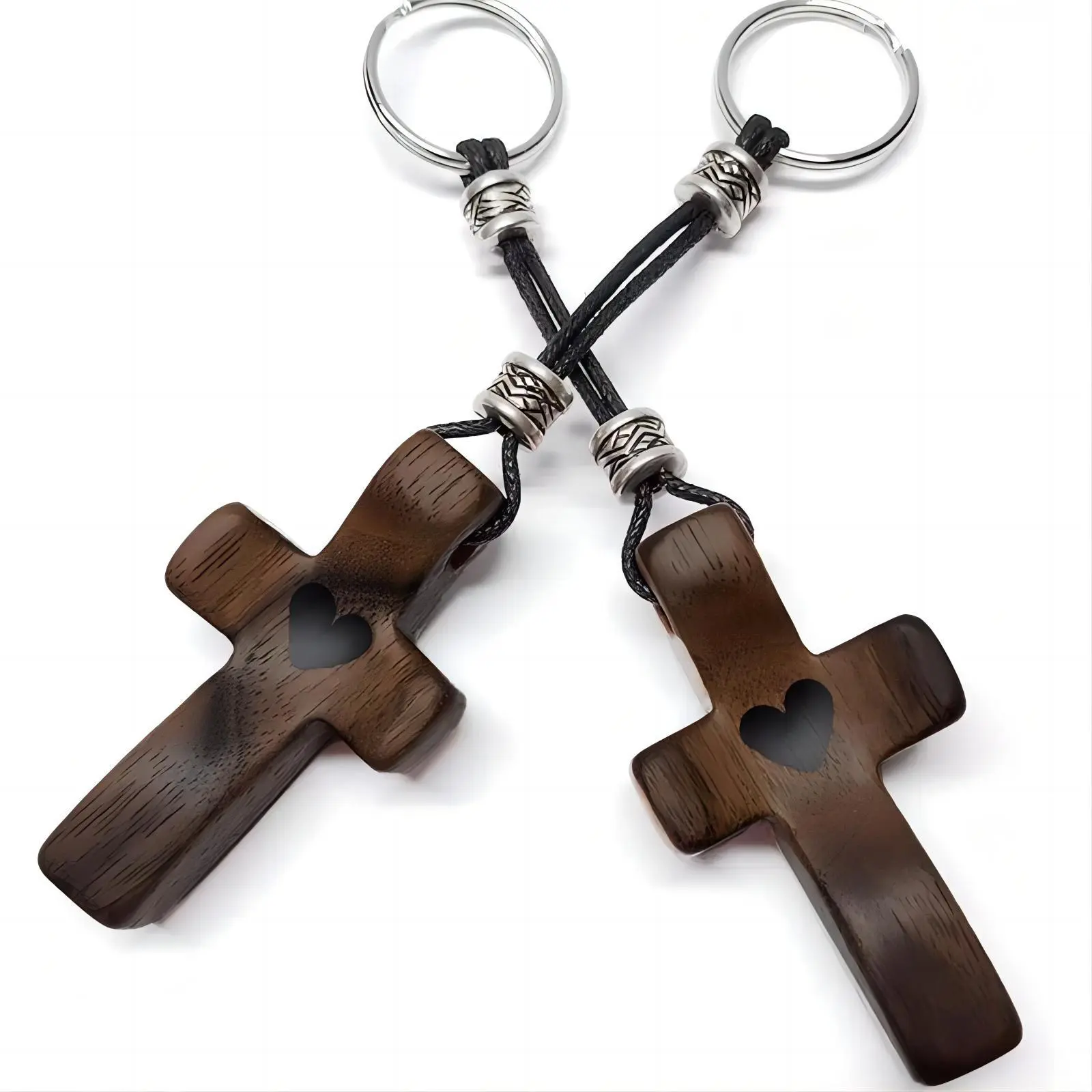 Wooden Cross Keychain, 1/2 Counts Exquisite Wooden Cross Keychain with Heart Pattern, Adjustable Keychain for Keys, Backpack, Wallet, Stylish Keychain, Gift Keychain