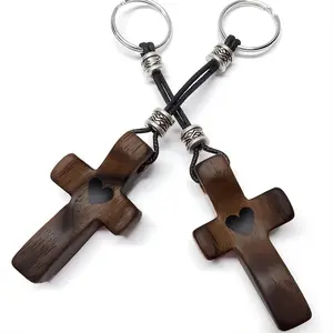 Wooden Cross Keychain, 1/2 Counts Exquisite Wooden Cross Keychain with Heart Pattern, Adjustable Keychain for Keys, Backpack, Wallet, Stylish Keychain