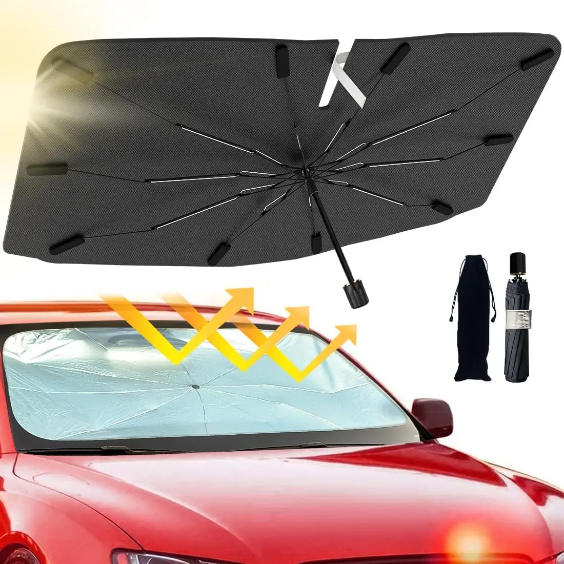 [Upgraded] Windshield Sun Shade Umbrella - [Vinyl Coating Heat Shield] Protect Car from Sun Rays & Heat Damage Keep Cool and Protect Interior, Spring Structure Edge Medium 56" L x 31" W, Durable Sun Shade, Shade For Car Window