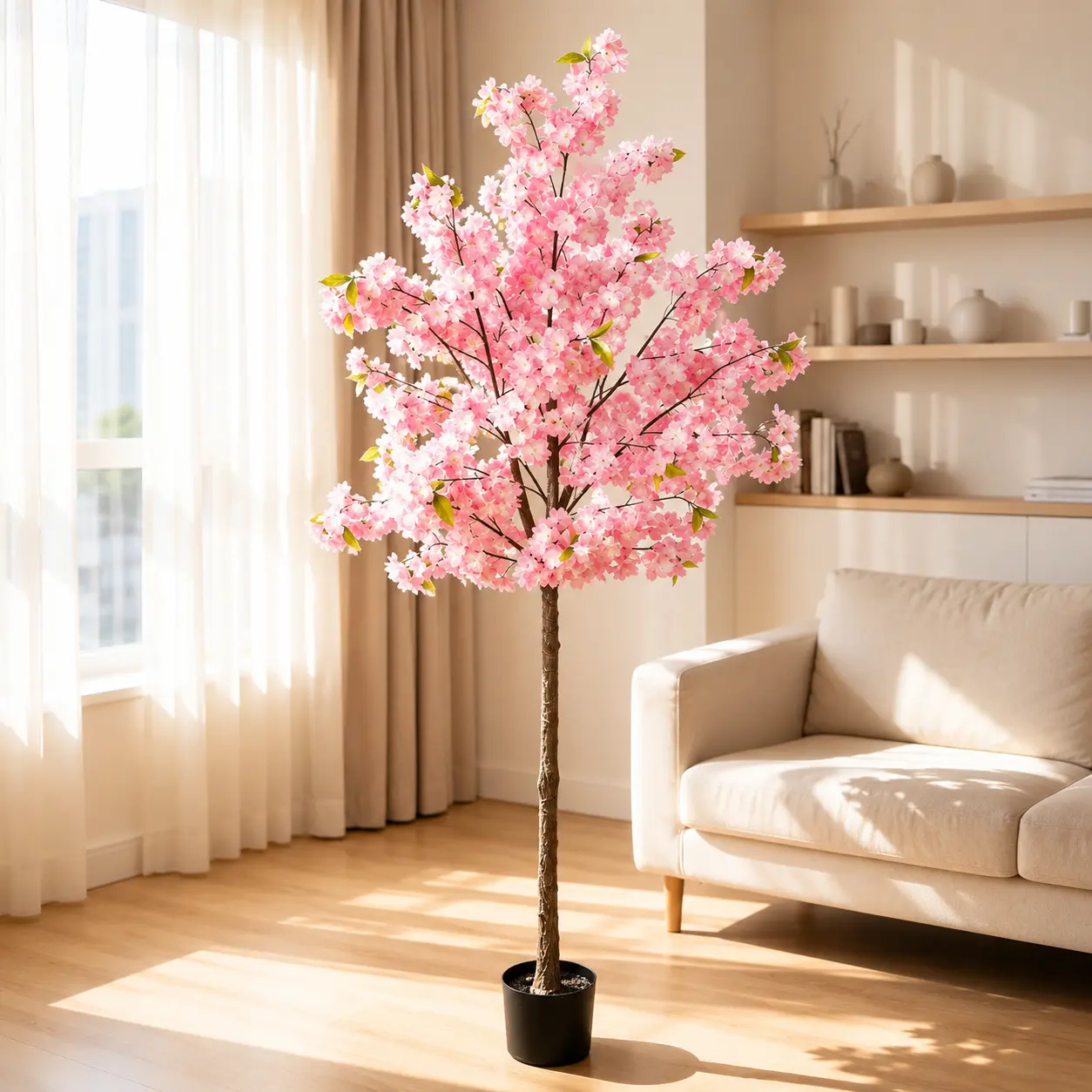 5FT Artificial Cherry Blossom Tree with Black Pot, Realistic Pink Faux Flower Tree for Indoor Outdoor Home Decor, Office, Living Room, Wedding Party Decoration