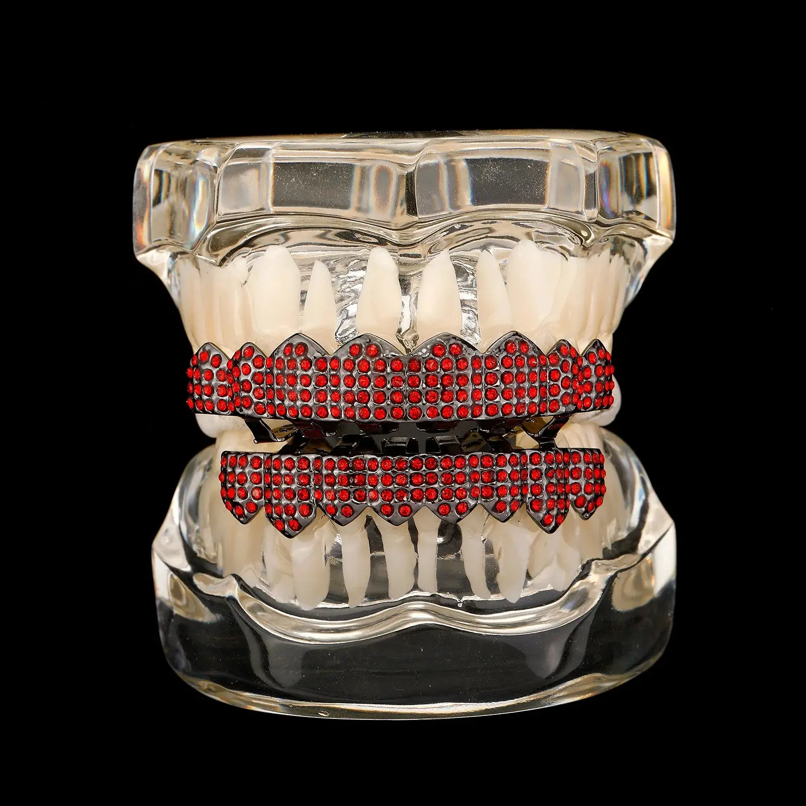 Y2K Gothic Cross Red Zircon Teeth Grillz Black Color CZ Stone Tooth Caps For Women Men Jewelry Halloween Gift
