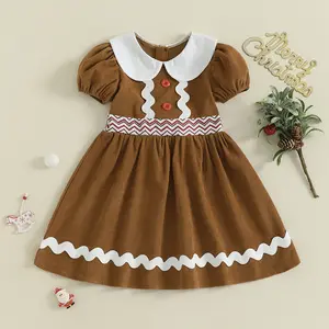 Toddler Girl Christmas A Line Dress Gingerbread Man Doll Collar Short Sleeve Dress