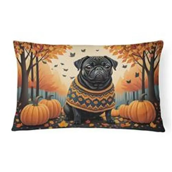 16x12 in. Unisex Black Pug Fall Fabric Pillow, Indoor-Use Fabric Pillow for Whimsical Room & House Decor